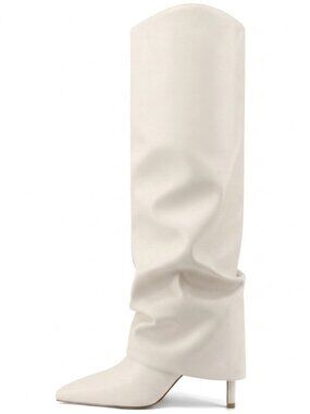 Women's Beige Faux Leather Over Knee High Boots Fashion Shoes With Side Zipper